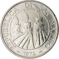 San Marino coin 100 Lire (1974) obverse obverse of 100 Lire (1974) coin with KM# 36 from San Marino. Inscription: REPUBBLICA DI SAN MARINO - 1974 -