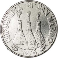 San Marino coin 100 Lire - Animals: Dog and Cat (1975) obverse obverse of 100 Lire - Animals: Dog and Cat (1975) coin with KM# 46 from San Marino. Inscription: REPUBBLICA DI SAN MARINO LIBERTAS 1975
