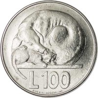 San Marino coin 100 Lire - Animals: Dog and Cat (1975) reverse reverse of 100 Lire - Animals: Dog and Cat (1975) coin with KM# 46 from San Marino. Inscription: L 100