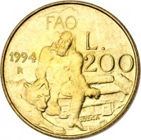 San Marino coin 200 Lire - FAO (1994) reverse reverse of 200 Lire - FAO (1994) coin with KM# 313 from San Marino. Inscription: FAO 1994 R L. 200 LOZICA DRIUTTI INC.