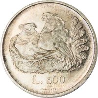 San Marino coin 500 Lire (1974) reverse reverse of 500 Lire (1974) coin with KM# 37 from San Marino. Inscription: L. 500
