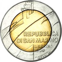San Marino coin 500 Lire - 16 Centuries of San Marino History (1990) obverse obverse of 500 Lire - 16 Centuries of San Marino History (1990) coin with KM# 256 from San Marino. Inscription: REPUBBLICA DI SAN MARINO LIBERTAS 1990 M. DOBRUCKA GROSSI INC.