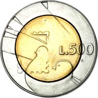 San Marino coin 500 Lire - 16 Centuries of San Marino History (1990) reverse reverse of 500 Lire - 16 Centuries of San Marino History (1990) coin with KM# 256 from San Marino. Inscription: L. 500 R