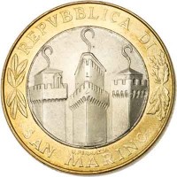 obverse of 1000 Lire (2001) coin with KM# 430 from San Marino. Inscription: REPUBBLICA DI SAN MARINO