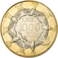 reverse of 1000 Lire (2001) coin with KM# 430 from San Marino. Inscription: LIRE 1000 2001 1700dER R