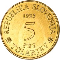 Slovenia coin 5 Tolarjev - 300th Anniversary of Establishment of Operosorum Labacensium Academia (1993) obverse obverse of 5 Tolarjev - 300th Anniversary of Establishment of Operosorum Labacensium Academia (1993) coin with KM# 12 from Slovenia. Inscription: REPUBLIKA SLOVENIJA 1993 5 PET TOLARJEV