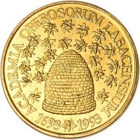 reverse of 5 Tolarjev - 300th Anniversary of Establishment of Operosorum Labacensium Academia (1993) coin with KM# 12 from Slovenia. Inscription: ACADEMIA OPEROSORUM LABACENSIUM 1693 1993