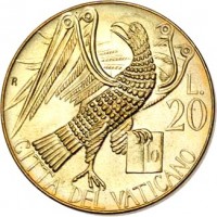 reverse of 20 Lire - John Paul II (1985) coin with KM# 186 from Vatican City. Inscription: R L. 20 CITTA' DEL VATICANO