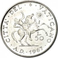 reverse of 50 Lire - Paul VI - Conversation of St. Paul (1967) coin with KM# 97 from Vatican City. Inscription: CITTA'· DEL · + · VATICANO L. 50 · A.D. · 1967 ·