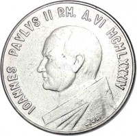 Vatican City coin 50 Lire - John Paul II - Year of Peace (1984) obverse obverse of 50 Lire - John Paul II - Year of Peace (1984) coin with KM# 179 from Vatican City. Inscription: IOANNES PAVLVS II P.M. A.VI MCMLXXXIV E.TESEI
