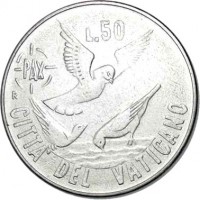 reverse of 50 Lire - John Paul II - Year of Peace (1984) coin with KM# 179 from Vatican City. Inscription: L.50 PAX R CITTA' DEL VATICANO