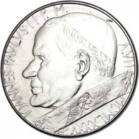obverse of 50 Lire - John Paul II (1985) coin with KM# 187 from Vatican City. Inscription: IOANNES PAVLVS II P.M. A.VII MCMLXXXV