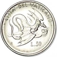 reverse of 50 Lire - John Paul II (1995) coin with KM# 264 from Vatican City. Inscription: CITTA' DEL VATICANO R L.50