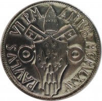 Vatican City coin 100 Lire - Paul VI - Holy Year: Symbolic Baptism of Man (1975) obverse obverse of 100 Lire - Paul VI - Holy Year: Symbolic Baptism of Man (1975) coin with KM# 130 from Vatican City. Inscription: PAVLVS VI P.M. AN.IVB. MCMLXXV