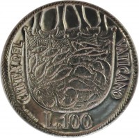 Vatican City coin 100 Lire - Paul VI - Holy Year: Symbolic Baptism of Man (1975) reverse reverse of 100 Lire - Paul VI - Holy Year: Symbolic Baptism of Man (1975) coin with KM# 130 from Vatican City. Inscription: CITTA' DEL VATICANO L. 100