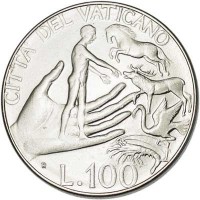 Vatican City coin 100 Lire - John Paul II - Adam Naming the Animals (1988) reverse reverse of 100 Lire - John Paul II - Adam Naming the Animals (1988) coin with KM# 209 from Vatican City. Inscription: CITTA' DEL VATICANO R L. 100