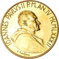obverse of 200 Lire - John Paul II - Farm Labor (1982) coin with KM# 165 from Vatican City. Inscription: IOANNES PAVLVS II P.M. AN.IV MCMLXXXII