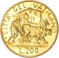 reverse of 200 Lire - John Paul II - Farm Labor (1982) coin with KM# 165 from Vatican City. Inscription: CITTA' DEL VATICANO R L.200