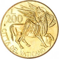 reverse of 200 Lire - John Paul II (1985) coin with KM# 189 from Vatican City. Inscription: L. 200 R CITTA' DEL VATICANO
