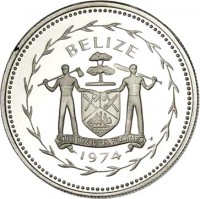 obverse of 25 Cents - Elizabeth II - Avifauna of Belize: Blue-Crowned Motmot (1974) coin with KM# 41a from Belize. Inscription: BELIZE SUB UMBRA FLOREO 1974