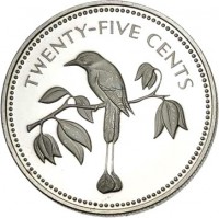 Belize coin 25 Cents - Elizabeth II - Avifauna of Belize: Blue-Crowned Motmot (1974) reverse reverse of 25 Cents - Elizabeth II - Avifauna of Belize: Blue-Crowned Motmot (1974) coin with KM# 41a from Belize. Inscription: TWENTY-FIVE CENTS