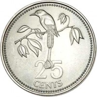 Belize coin 25 Cents - Elizabeth II - Avifauna of Belize: Blue-Crowned Motmot (1975 - 1981) reverse reverse of 25 Cents - Elizabeth II - Avifauna of Belize: Blue-Crowned Motmot (1975 - 1981) coin with KM# 49 from Belize. Inscription: 25 CENTS