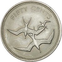 Belize coin 50 Cents - Elizabeth II - Avifauna of Belize: Frigate Birds (1974) reverse reverse of 50 Cents - Elizabeth II - Avifauna of Belize: Frigate Birds (1974) coin with KM# 42 from Belize. Inscription: FIFTY CENTS