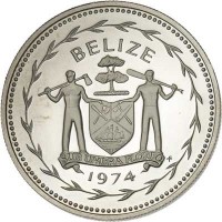 obverse of 1 Dollar - Elizabeth II - Avifauna of Belize: Scarlet Macaw (1974 - 1981) coin with KM# 43 from Belize. Inscription: BELIZE SUB UMBRA FLOREO 1974