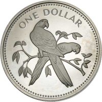 reverse of 1 Dollar - Elizabeth II - Avifauna of Belize: Scarlet Macaw (1974 - 1981) coin with KM# 43 from Belize. Inscription: ONE DOLLAR
