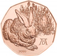 Austria coin 5 Euro - Dürer's Young Hare - Copper (2016) obverse obverse of 5 Euro - Dürer's Young Hare - Copper (2016) coin with KM# 3251 from Austria. Inscription: A D 2016