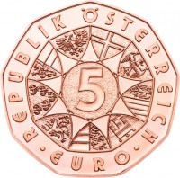 Austria coin 5 Euro - Dürer's Young Hare - Copper (2016) reverse reverse of 5 Euro - Dürer's Young Hare - Copper (2016) coin with KM# 3251 from Austria. Inscription: REPUBLIK ÖSTERREICH 5 · EURO ·