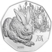 Austria coin 5 Euro - Dürer's Young Hare - Silver (2016) obverse obverse of 5 Euro - Dürer's Young Hare - Silver (2016) coin with KM# 3251a from Austria. Inscription: A D 2016