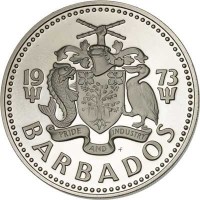 Barbados coin 2 Dollars - Elizabeth II (1973 - 1984) obverse obverse of 2 Dollars - Elizabeth II (1973 - 1984) coin with KM# 15 from Barbados. Inscription: 19 73 PRIDE AND INDUSTRY BARBADOS