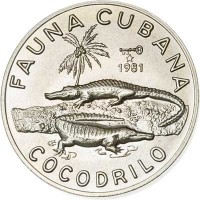 reverse of 1 Peso - Cuban Fauna: Cuban Crocodile (1981) coin with KM# 55 from Cuba. Inscription: FAUNA CUBANA 1981 COCODRILO