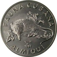 reverse of 1 Peso - Cuban Fauna: Solenodon (1981) coin with KM# 64 from Cuba. Inscription: FAUNA CUBANA 1981 ALMIQUI