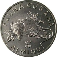Cuba coin 1 Peso - Cuban Fauna: Solenodon (1981) reverse reverse of 1 Peso - Cuban Fauna: Solenodon (1981) coin with KM# 64 from Cuba. Inscription: FAUNA CUBANA 1981 ALMIQUI