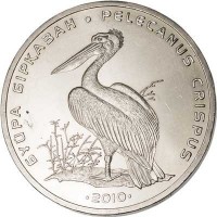 reverse of 50 Tenge - Wildlife: Dalmatian Pelican (2010) coin with KM# 239 from Kazakhstan. Inscription: БҰЙРА БІРҚАЗАН PELECANUS CRISPUS 2010