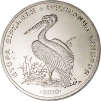Kazakhstan coin 50 Tenge - Wildlife: Dalmatian Pelican (2010) reverse reverse of 50 Tenge - Wildlife: Dalmatian Pelican (2010) coin with KM# 239 from Kazakhstan. Inscription: БҰЙРА БІРҚАЗАН PELECANUS CRISPUS 2010