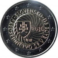 obverse of 2 Euro - Slovak Presidency of the Council of the European Union (2016) coin from Slovakia. Inscription: SLOVENSKO 2016 PREDSEDNÍCTVO SR V RADE EÚ