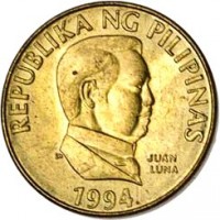 Philippines coin 25 Sentimo - Smaller (1991 - 1994) obverse obverse of 25 Sentimo - Smaller (1991 - 1994) coin with KM# 241.2 from Philippines. Inscription: REPUBLIKA NG PILIPINAS JUAN LUNA 1994