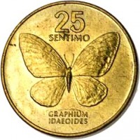 reverse of 25 Sentimo - Smaller (1991 - 1994) coin with KM# 241.2 from Philippines. Inscription: 25 SENTIMO GRAPHIUM IDAEOIDES