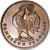obverse of 1 Franc (1943) coin with KM# 5 from Cameroon. Inscription: RF CAMEROUN FRANÇAIS