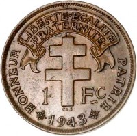 reverse of 1 Franc (1943) coin with KM# 5 from Cameroon. Inscription: LIBERTE · EGALITE · FRATERNITE · HONNEUR PATRIE 1 FC C.L.S. 1943