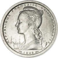 obverse of 2 Francs (1948) coin with KM# 9 from Cameroon. Inscription: REPUBLIQUE FRANÇAISE UNION FRANÇAISE 1948