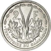 reverse of 2 Francs (1948) coin with KM# 9 from Cameroon. Inscription: 2 F. TERRITOIRE DU CAMEROUN