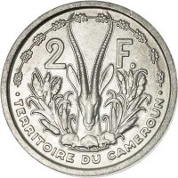 Cameroon coin 2 Francs (1948) reverse reverse of 2 Francs (1948) coin with KM# 9 from Cameroon. Inscription: 2 F. TERRITOIRE DU CAMEROUN