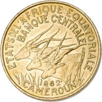 Equatorial African States coin 25 Francs (1962) obverse obverse of 25 Francs (1962) coin with KM# 4 from Equatorial African States. Inscription: BANQUE CENTRALE ETATS DE L'AFRIQUE EQUATORIALE 1962 CAMEROUN