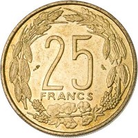 Equatorial African States coin 25 Francs (1962) reverse reverse of 25 Francs (1962) coin with KM# 4 from Equatorial African States. Inscription: 25 FRANCS