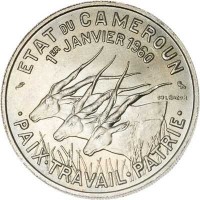 obverse of 50 Francs (1960) coin with KM# 13 from Cameroon. Inscription: ETAT DU CAMEROUN 1er JANVIER 1960 PAIX.TRAVAIL.PATRIE