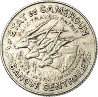 Cameroon coin 100 Francs (1966 - 1968) obverse obverse of 100 Francs (1966 - 1968) coin with KM# 14 from Cameroon. Inscription: ETAT DU CAMEROUN PAIX · TRAVAIL · PATRIE PEACE · WORK · FATHERLAND BANQUE CENTRALE